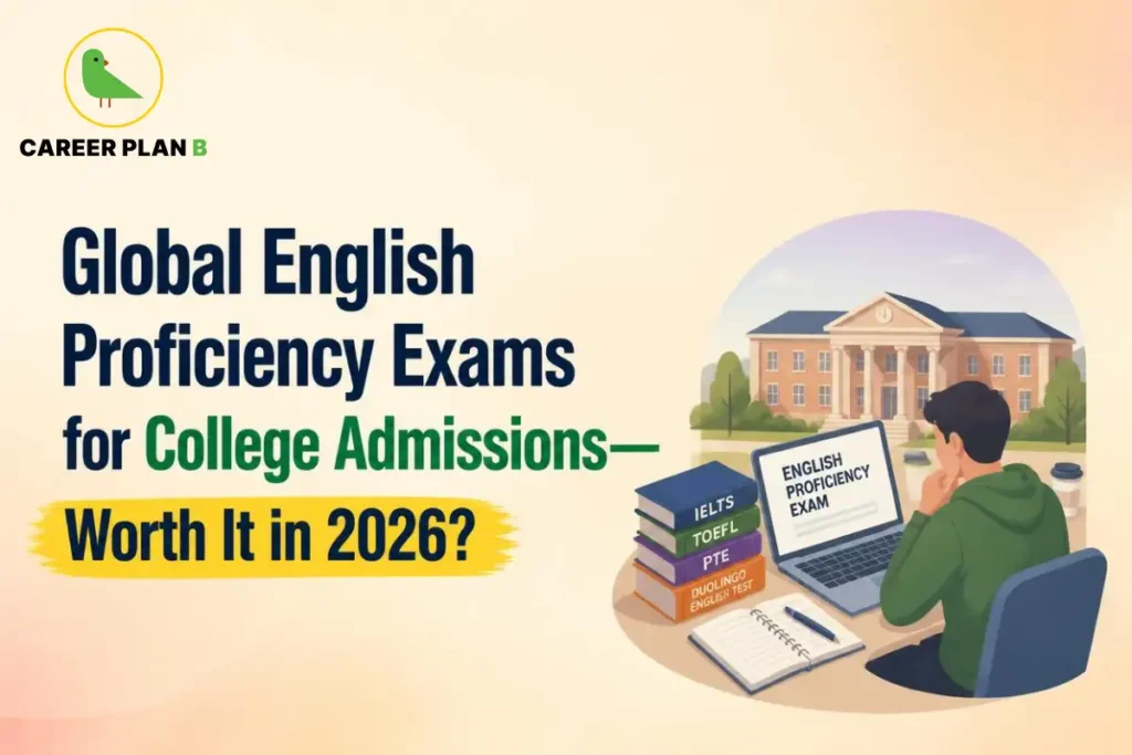 English proficiency exams for college admissions, showing a student preparing for IELTS, TOEFL and PTE using a laptop and study materials.
