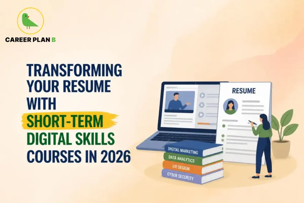 Short-term digital skills courses for resume enhancement, featuring digital marketing, data analytics, UX design, and cybersecurity training options in 2026.