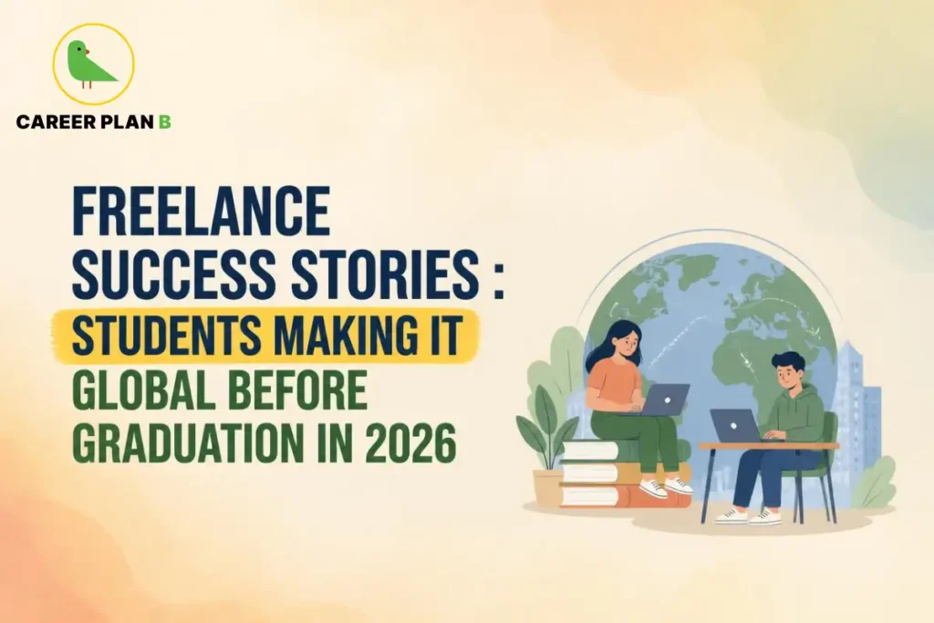 Freelance success stories of students working with global clients before graduation in 2026, using laptops for remote projects.
