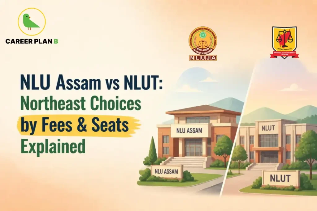 Side-by-side illustrations of NLU Assam and NLUT campuses with their university
