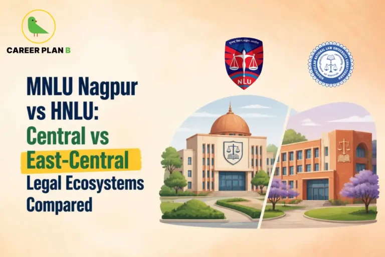 MNLU Nagpur and HNLU campuses shown side by side with different architectural and landscaped settings.
