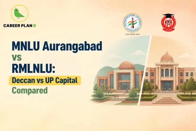 Side-by-side illustrations of MNLU Aurangabad and RMLNLU campuses with trees and landscaped grounds.