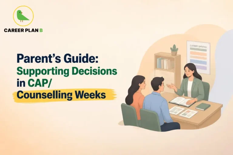 Parents meeting a counsellor at a desk to discuss career options and counselling choices.
