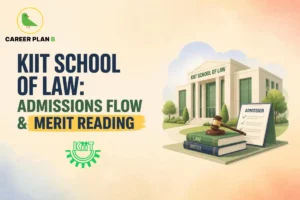 Illustrated KIIT School of Law building beside a merit checklist, gavel, and law books.