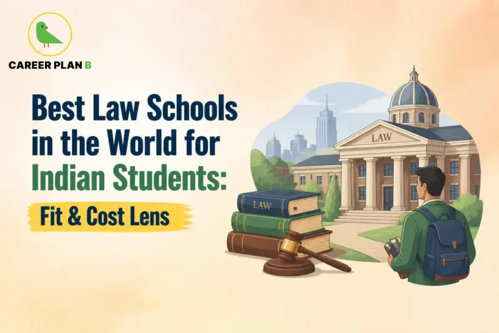 Student with a backpack standing near an illustrated law school building for best law schools in the world