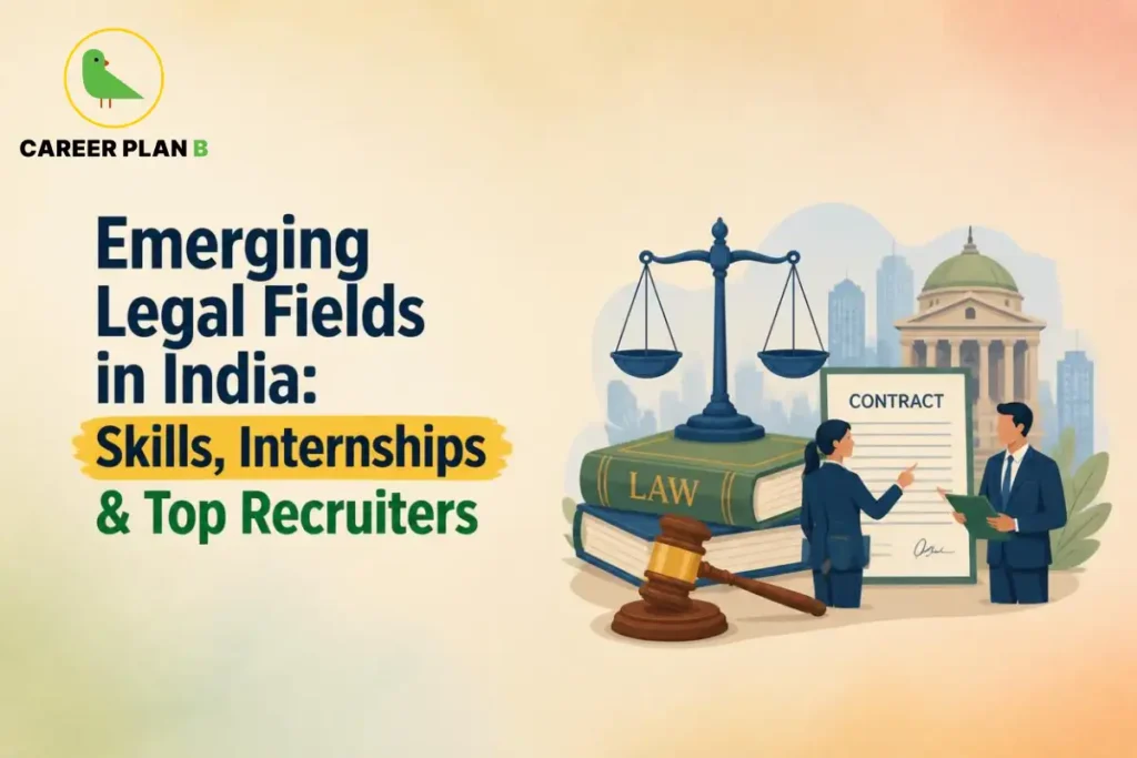 Legal professionals discussing a contract beside law books and scales of justice for Emerging legal fields in India
