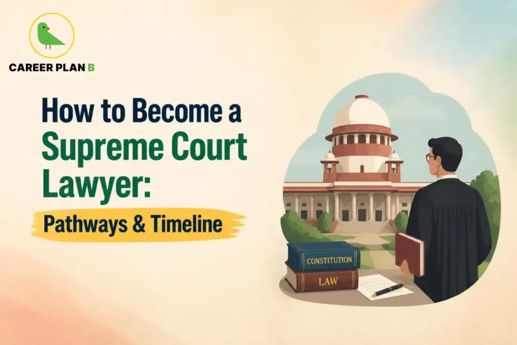 Lawyer standing outside the Supreme Court with law books and documents.