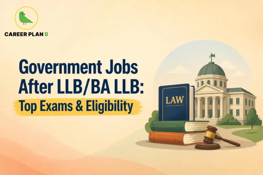 Law books and a gavel displayed in front of a government building for Government jobs after LLB