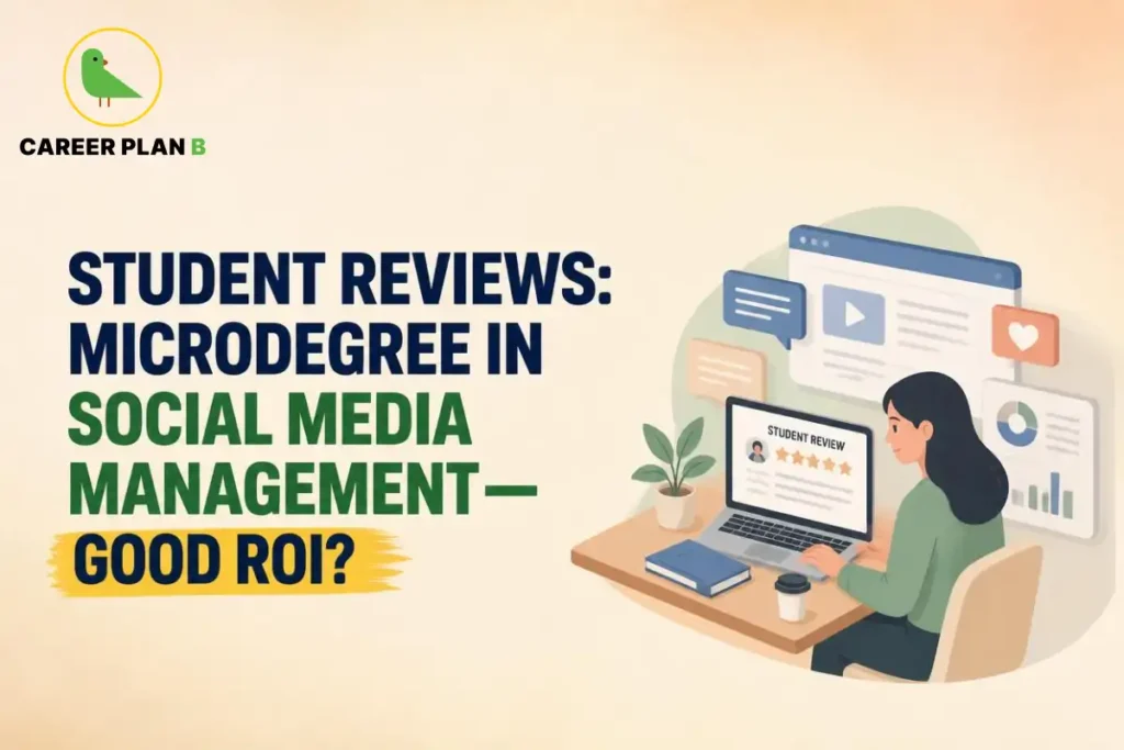 Student reviewing a social media management microdegree on a laptop, with star ratings and digital engagement analytics displayed.