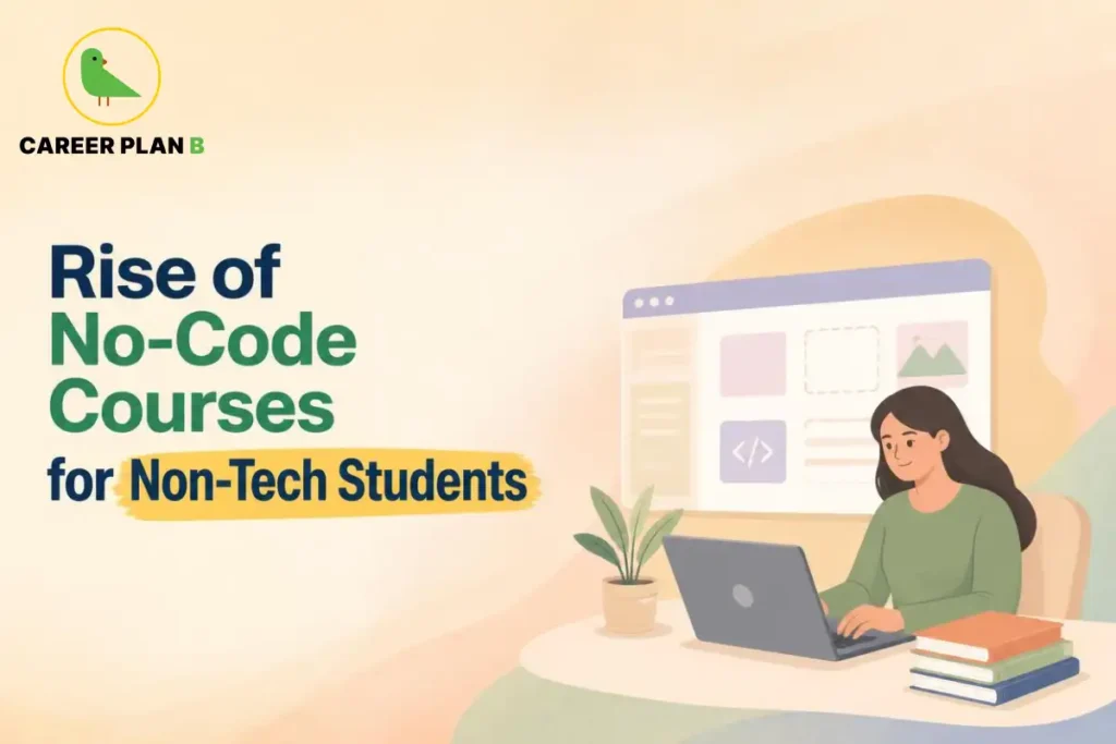Rise of no-code courses for non-tech students, showing a learner building digital projects using a laptop and visual design tools.