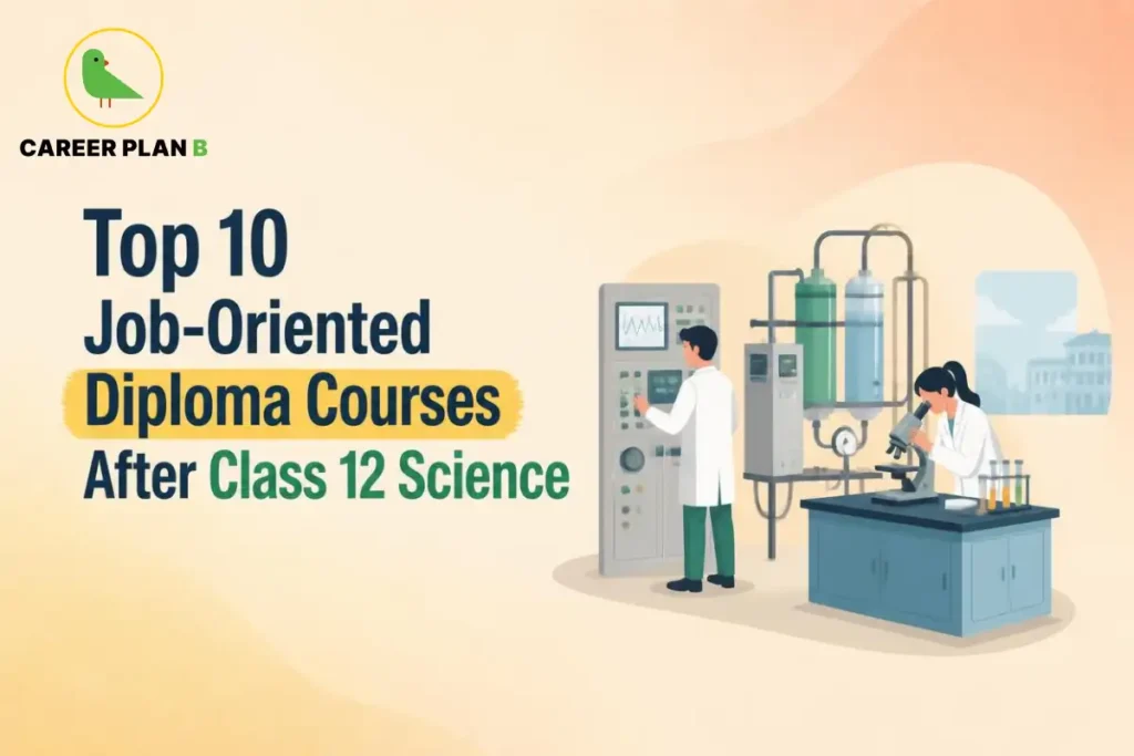 Top 10 job-oriented diploma courses after Class 12 Science, featuring professionals working with laboratory equipment and industrial technology.