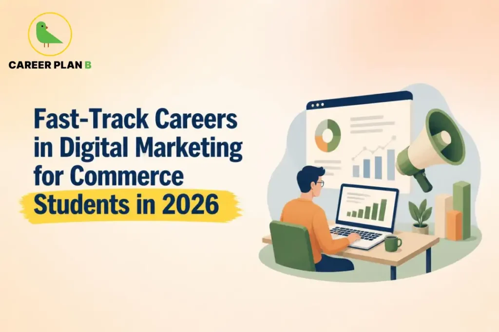 Explore fast-track digital marketing careers for commerce students in 2026, including essential skills, job roles, salary prospects and Career Plan B guidance.