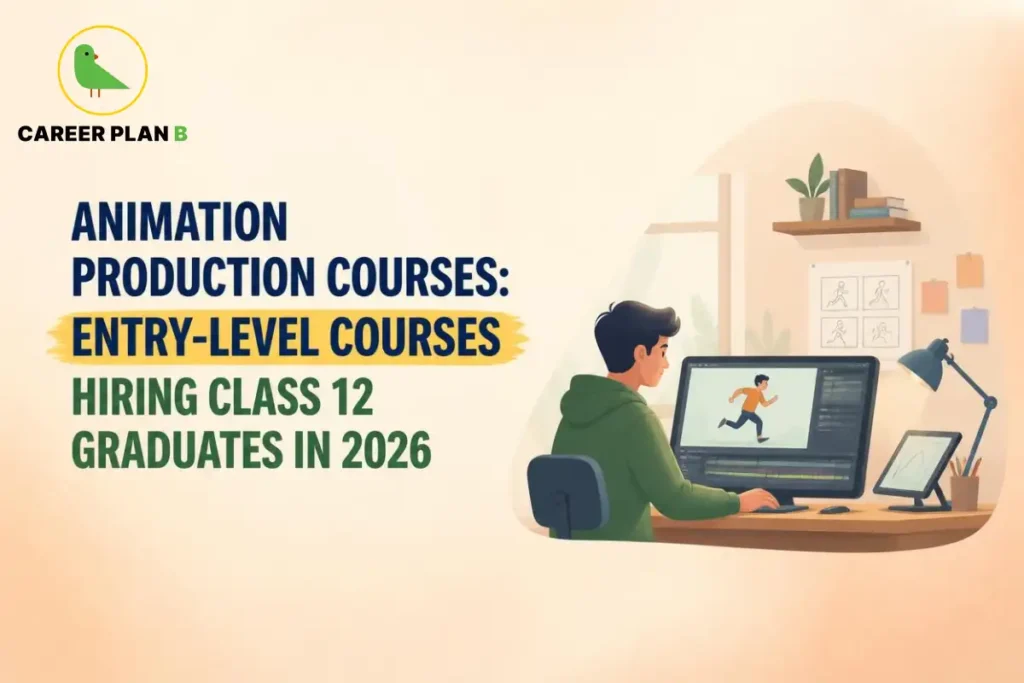 Animation production courses offering entry-level training for Class 12 graduates in 2026, featuring a student creating character animation using digital software on a computer.