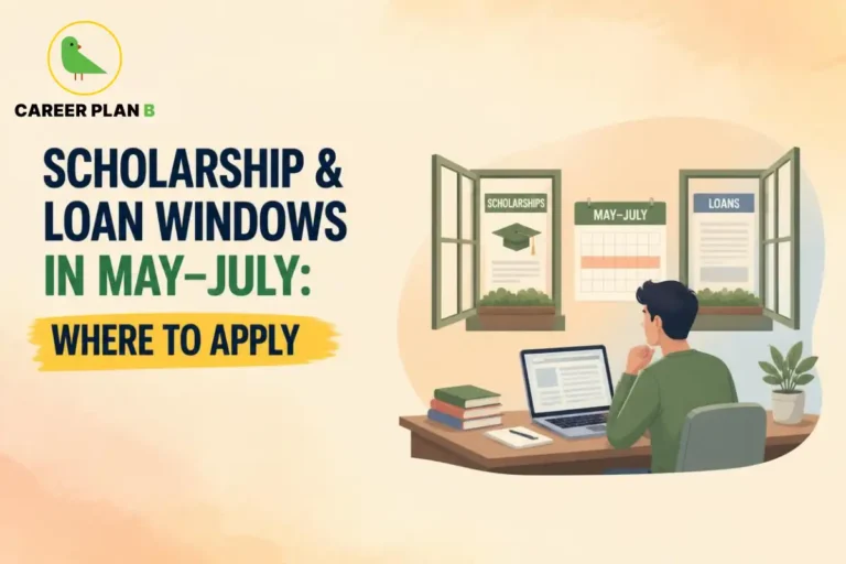 Student using a laptop to explore scholarship and loan applications available from May to July.