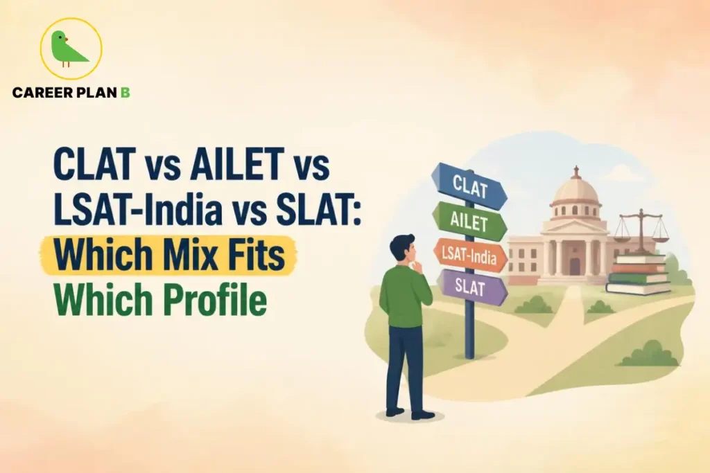 Student choosing between CLAT, AILET, LSAT-India and SLAT using a signpost of law entrance exams.