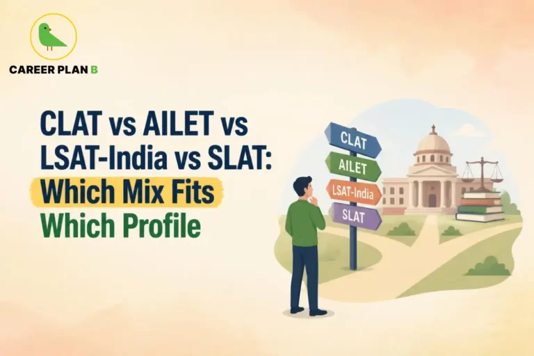 Student choosing between CLAT, AILET, LSAT-India and SLAT using a signpost of law entrance exams.