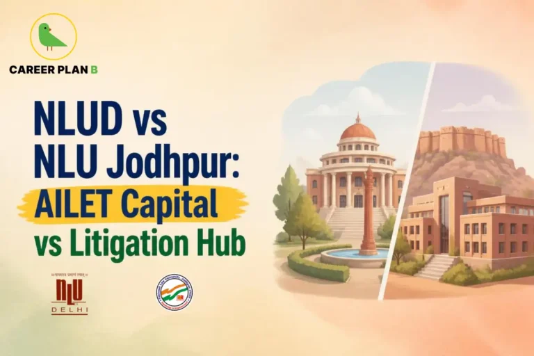 Split illustration of NLU Delhi and NLU Jodhpur highlighting AILET-focused and litigation-oriented career settings.