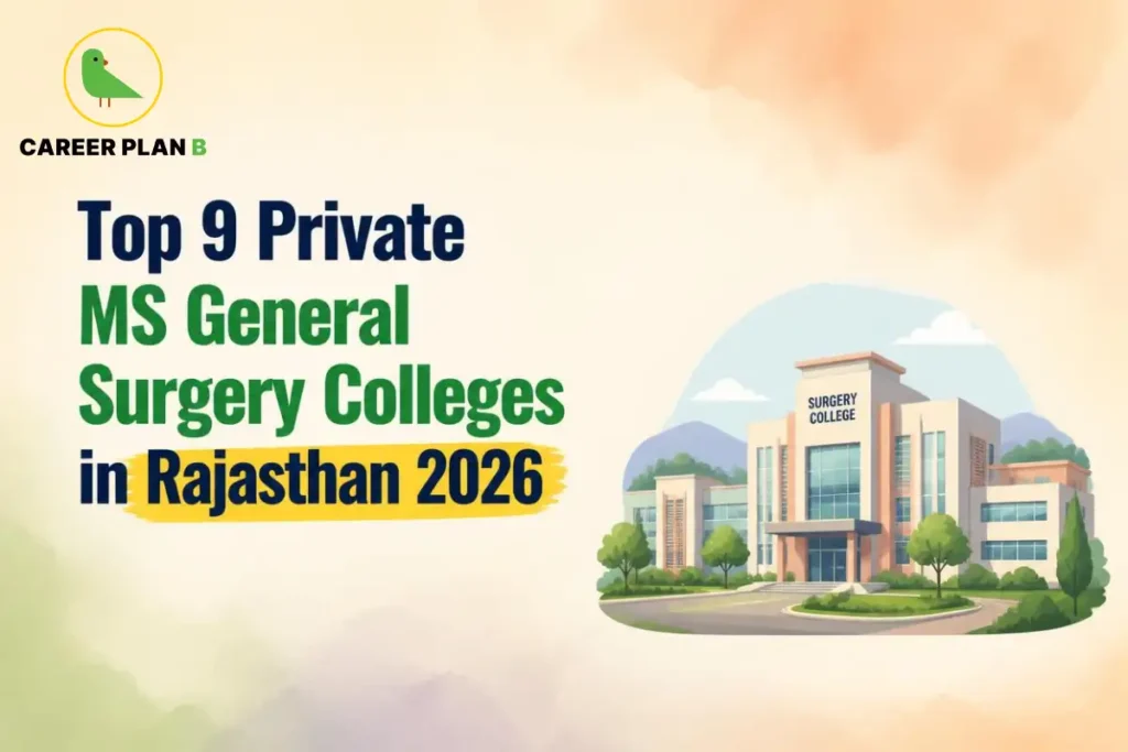 Educational infographic by Career Plan B titled "Top 9 Private MS General Surgery Colleges in Rajasthan 2026". Top-left features the Career Plan B logo with a green bird inside a solid gold circular emblem with text below. Right side illustrates a modern medical college building with a tower sign reading "SURGERY COLLEGE".