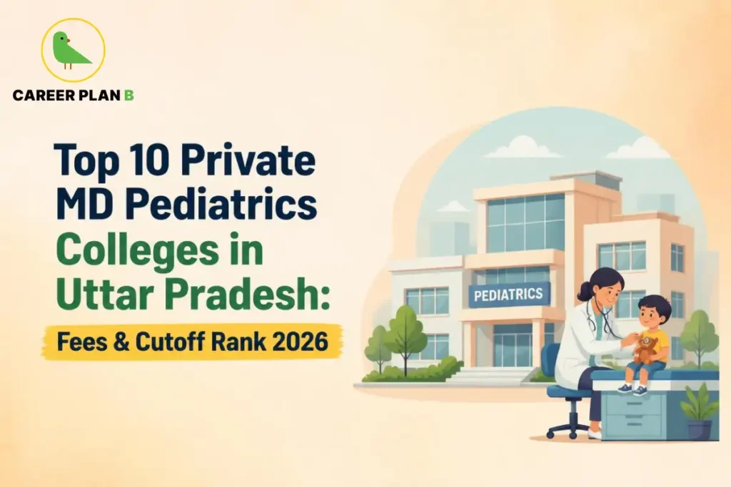 Educational infographic by Career Plan B titled "Top 10 Private MD Pediatrics Colleges in Uttar Pradesh: Fees & Cutoff Rank 2026". Top-left features the Career Plan B logo with a green bird inside a solid gold circular emblem with text below. Right side illustrates a pediatrician examining a young boy with a stethoscope in a clinic setting, with a modern hospital and medical college building labeled "PEDIATRICS" in the background.