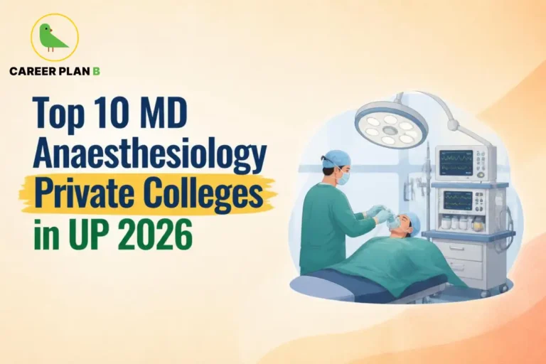 Educational infographic by Career Plan B titled "Top 10 MD Anaesthesiology Private Colleges in UP 2026". Top-left features the Career Plan B logo with a green bird inside a solid gold circular emblem with text below. Right side illustrates an anesthesiologist adjusting an oxygen mask on a patient on an operating table under surgical lights, with medical monitoring equipment nearby.