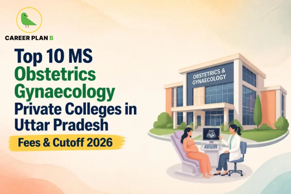 Educational infographic by Career Plan B titled "Top 10 MS Obstetrics Gynaecology Private Colleges in Uttar Pradesh Fees & Cutoff 2026". Top-left features the Career Plan B logo with a green bird inside a solid gold circular emblem with text below. Right side illustrates a doctor performing an ultrasound examination for an expectant mother, in front of a medical college building with a sign reading "OBSTETRICS & GYNAECOLOGY".