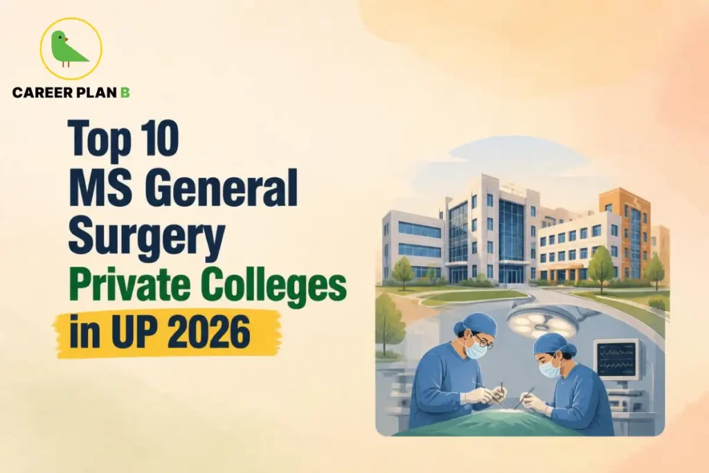 Educational infographic by Career Plan B titled "Top 10 MS General Surgery Private Colleges in UP 2026". Top-left features the Career Plan B logo with a green bird inside a solid gold circular emblem with text below. Right side illustrates two surgeons performing an operation in an operating theatre under surgical lights, with a medical college campus building in the background.