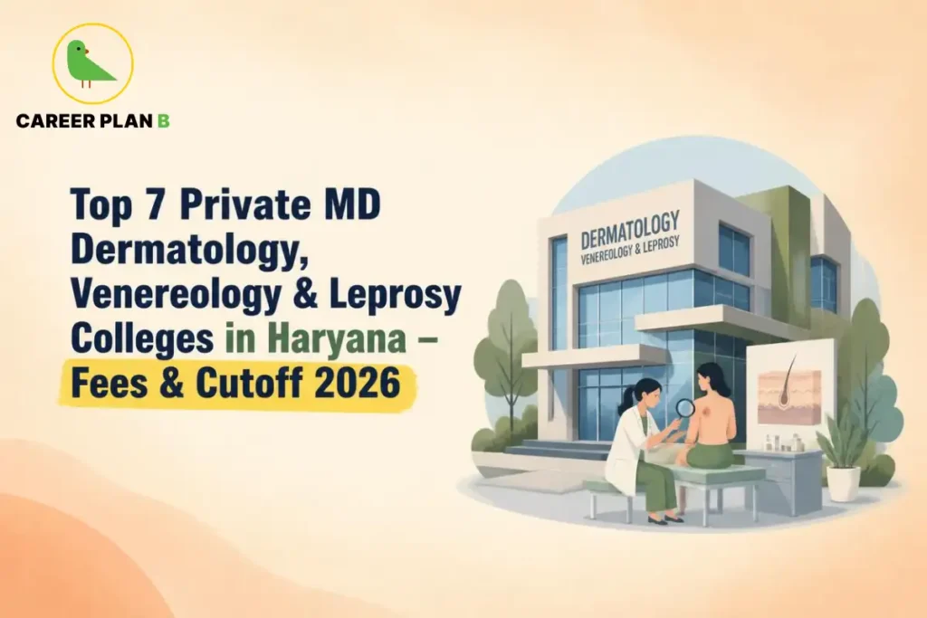 Educational infographic by Career Plan B titled "Top 7 Private MD Dermatology, Venereology & Leprosy Colleges in Haryana – Fees & Cutoff 2026". Top-left features the Career Plan B logo with a green bird inside a solid gold circular emblem with text below. Right side illustrates a dermatologist examining a patient's back with a magnifying glass in front of a building labeled "DERMATOLOGY VENEREOLOGY & LEPROSY".