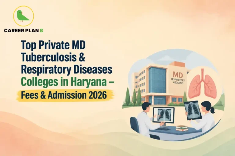 Educational infographic by Career Plan B titled "Top Private MD Tuberculosis & Respiratory Diseases Colleges in Haryana – Fees & Admission 2026". Top-left features the Career Plan B logo with a green bird inside a solid gold circular emblem with text below. Right side illustrates medical professionals examining chest X-rays and lung scans with an anatomical lung diagram next to a hospital building labeled "MD RESPIRATORY MEDICINE".