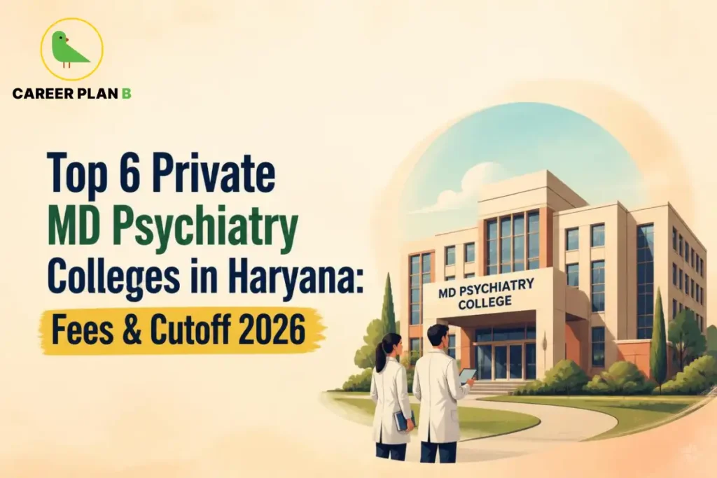 Educational infographic by Career Plan B titled "Top 6 Private MD Psychiatry Colleges in Haryana: Fees & Cutoff 2026". Top-left features the Career Plan B logo with a green bird inside a solid gold circular emblem with text below. Right side illustrates two medical professionals in white coats standing outside an institution building labeled "MD PSYCHIATRY COLLEGE".