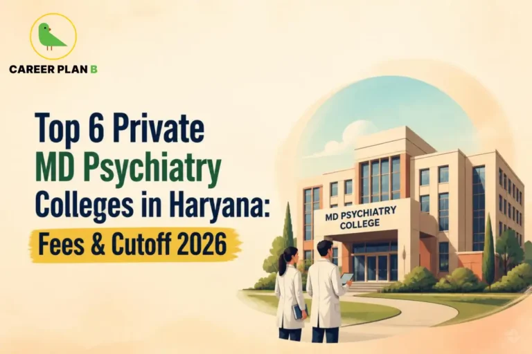 Educational infographic by Career Plan B titled "Top 6 Private MD Psychiatry Colleges in Haryana: Fees & Cutoff 2026". Top-left features the Career Plan B logo with a green bird inside a solid gold circular emblem with text below. Right side illustrates two medical professionals in white coats standing outside an institution building labeled "MD PSYCHIATRY COLLEGE".