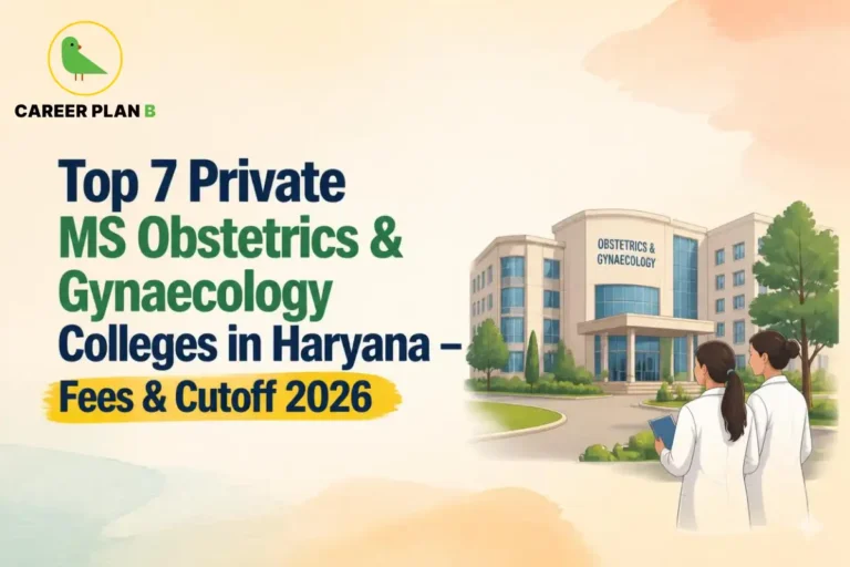 Educational infographic by Career Plan B titled "Top 7 Private MS Obstetrics & Gynaecology Colleges in Haryana – Fees & Cutoff 2026". Top-left features the Career Plan B logo with a green bird inside a solid gold circular emblem with text below. Right side illustrates two medical professionals walking outside a hospital building labeled "OBSTETRICS & GYNAECOLOGY".