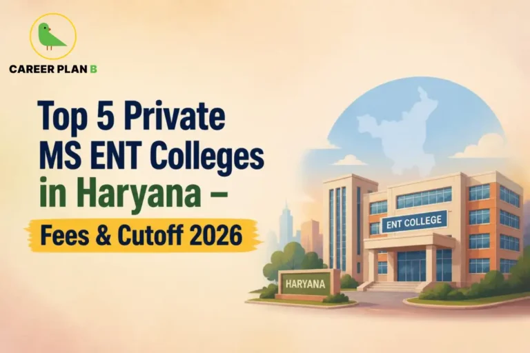 Educational infographic by Career Plan B titled "Top 5 Private MS ENT Colleges in Haryana – Fees & Cutoff 2026". Top-left features the Career Plan B logo with a green bird inside a solid gold circular emblem with text below. Right side illustrates a college building labeled "ENT COLLEGE" with a sign reading "HARYANA" in the foreground and a map outline of Haryana in the sky above.