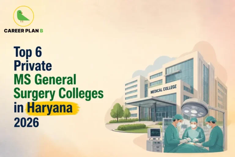 Educational infographic by Career Plan B titled "Top 6 Private MS General Surgery Colleges in Haryana 2026". Top-left features the Career Plan B logo with a green bird inside a solid gold circular emblem with text below. Right side illustrates a surgical team performing an operation under a surgical light in front of a private medical college building labeled "MEDICAL COLLEGE".