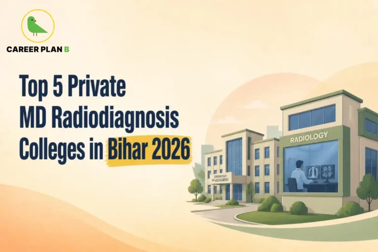Educational infographic by Career Plan B titled "Top 5 Private MD Radiodiagnosis Colleges in Bihar 2026". Top-left features the Career Plan B logo with a green bird inside a solid gold circular emblem with text below. Right side illustrates a radiologist reviewing scans on a computer in a facility building labeled "RADIOLOGY".
