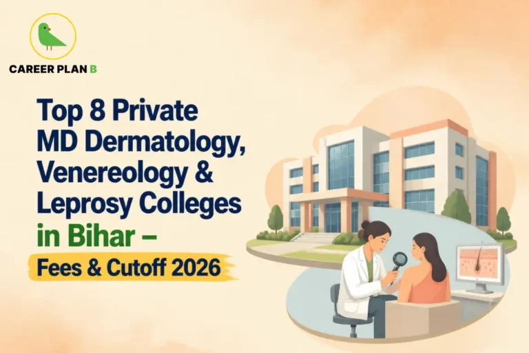 Educational infographic by Career Plan B titled "Top 8 Private MD Dermatology, Venereology & Leprosy Colleges in Bihar – Fees & Cutoff 2026". Top-left features the Career Plan B logo with a green bird inside a solid gold circular emblem with text below. Right side illustrates a dermatologist examining a patient's skin with a magnifying glass in front of a private medical college building in Bihar.