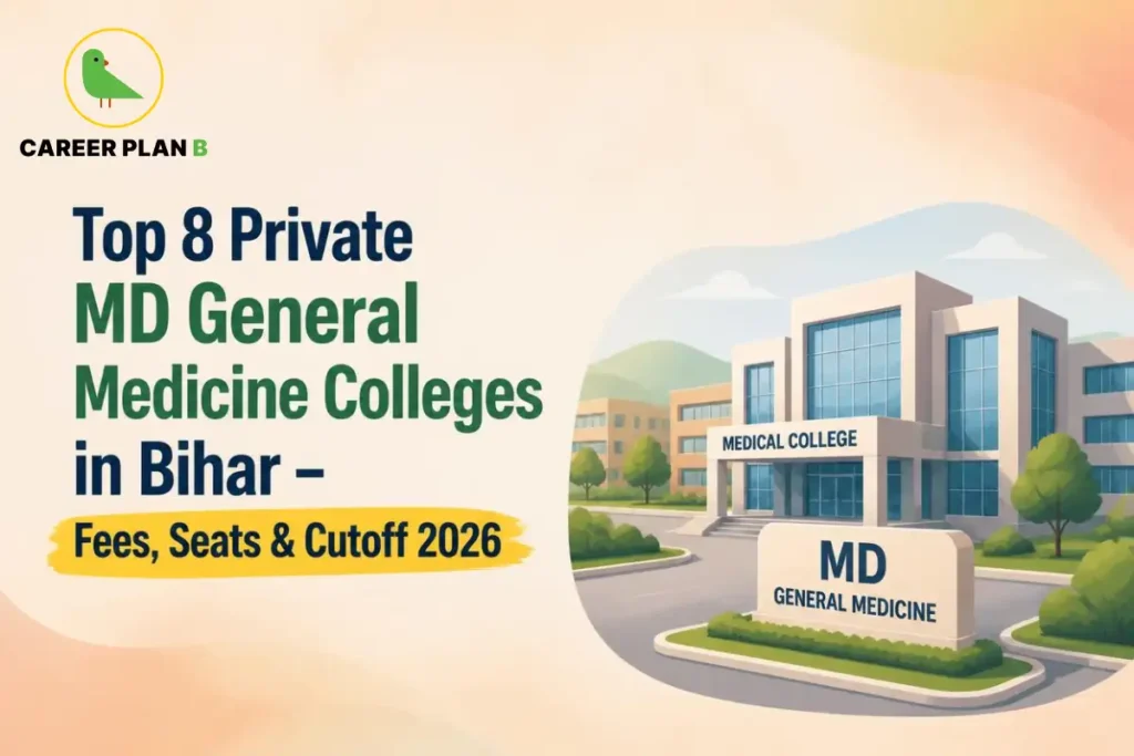 Educational infographic by Career Plan B titled "Top 8 Private MD General Medicine Colleges in Bihar – Fees, Seats & Cutoff 2026". Top-left features the Career Plan B logo with a green bird inside a solid gold circular emblem with text below. Right side illustrates a modern medical college building labeled "MEDICAL COLLEGE" with a foreground sign reading "MD GENERAL MEDICINE".