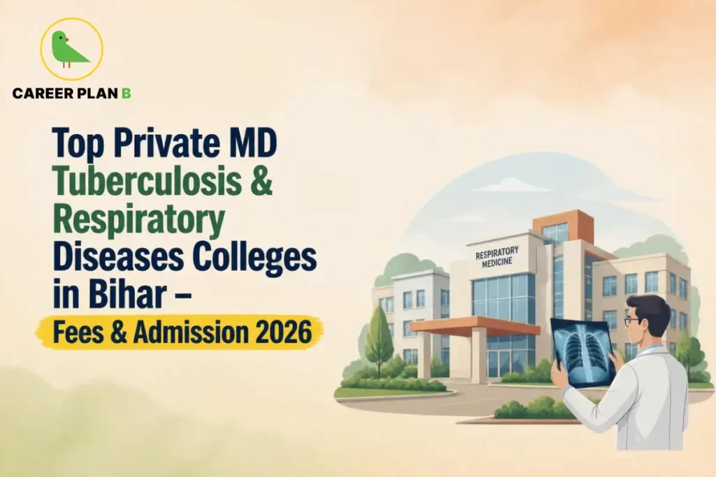 Educational infographic by Career Plan B titled "Top Private MD Tuberculosis & Respiratory Diseases Colleges in Bihar – Fees & Admission 2026". Top-left features the Career Plan B logo with a green bird inside a solid gold circular emblem with text below. Right side illustrates a medical professional examining a chest X-ray in front of a modern hospital building labeled "RESPIRATORY MEDICINE".