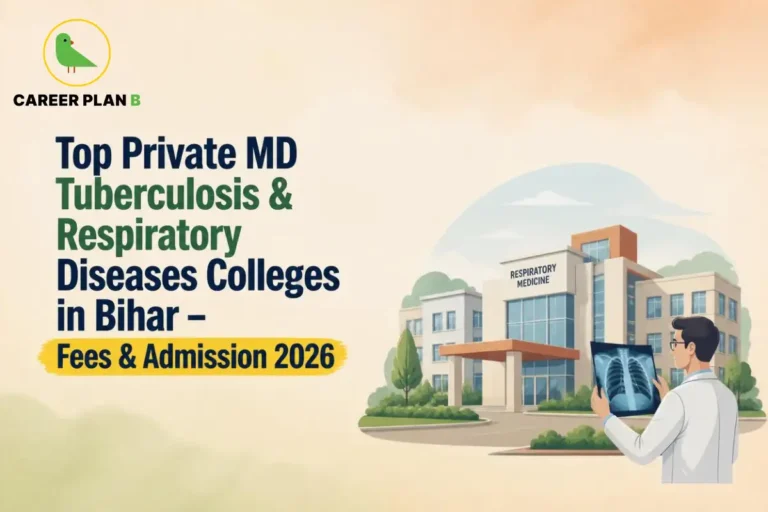 Educational infographic by Career Plan B titled "Top Private MD Tuberculosis & Respiratory Diseases Colleges in Bihar – Fees & Admission 2026". Top-left features the Career Plan B logo with a green bird inside a solid gold circular emblem with text below. Right side illustrates a medical professional examining a chest X-ray in front of a modern hospital building labeled "RESPIRATORY MEDICINE".