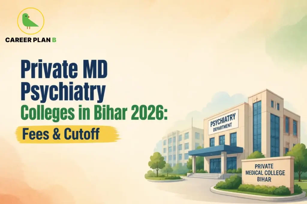 Educational infographic by Career Plan B titled "Private MD Psychiatry Colleges in Bihar 2026: Fees & Cutoff". Top-left features the Career Plan B logo with a green bird inside a solid gold circular emblem with text below. Right side illustrates a private medical college building labeled "PSYCHIATRY DEPARTMENT" with a foreground entrance sign reading "PRIVATE MEDICAL COLLEGE BIHAR".