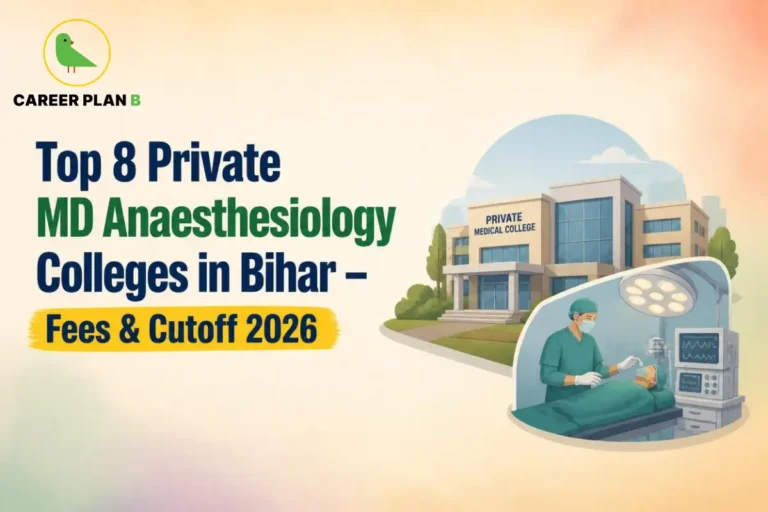 Educational infographic by Career Plan B titled "Top 8 Private MD Anaesthesiology Colleges in Bihar – Fees & Cutoff 2026". Top-left features the Career Plan B logo with a green bird inside a solid gold circular emblem with text below. Right side illustrates a medical professional administering anesthesia in an operating room with equipment in front of a college building labeled "PRIVATE MEDICAL COLLEGE".