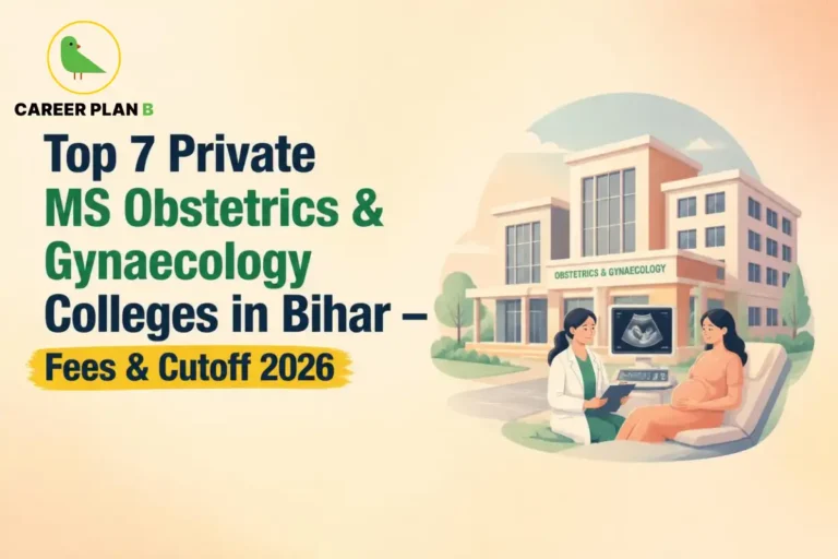 Educational infographic by Career Plan B titled "Top 7 Private MS Obstetrics & Gynaecology Colleges in Bihar – Fees & Cutoff 2026". Top-left features the Career Plan B logo with a green bird inside a solid gold circular emblem with text below. Right side illustrates a gynaecologist consulting an expectant mother seated on a medical examination chair in front of a college building labeled "OBSTETRICS & GYNAECOLOGY".