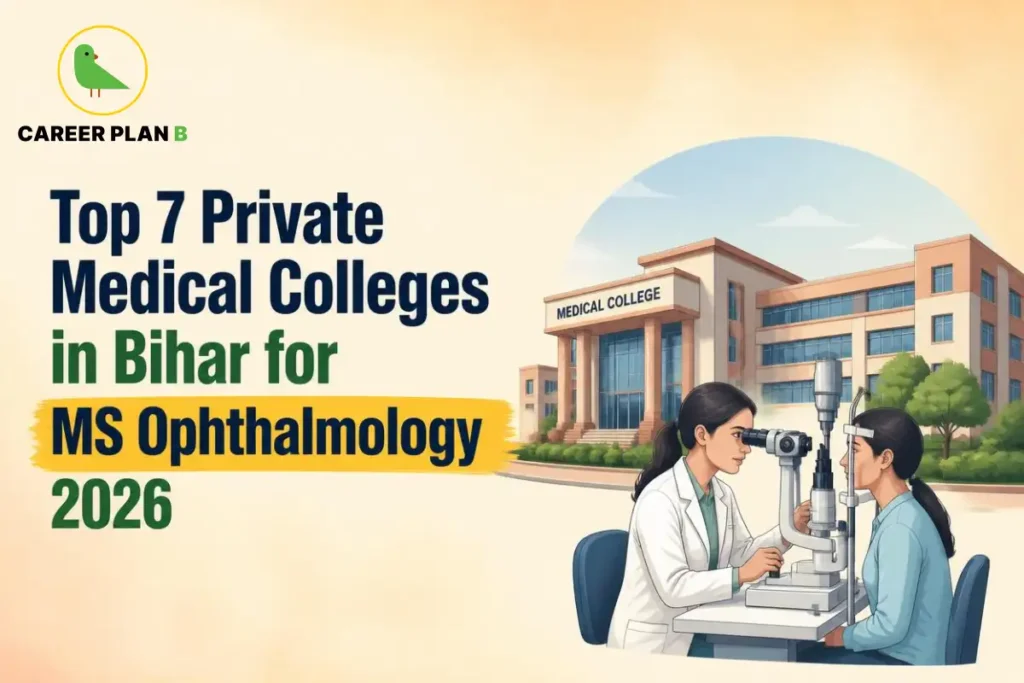Educational infographic by Career Plan B titled "Top 7 Private Medical Colleges in Bihar for MS Ophthalmology 2026". Top-left features the Career Plan B logo with a green bird inside a solid gold circular emblem with text below. Right side illustrates an ophthalmologist examining a patient's eyes using a slit lamp microscope in front of a medical college building labeled "MEDICAL COLLEGE".