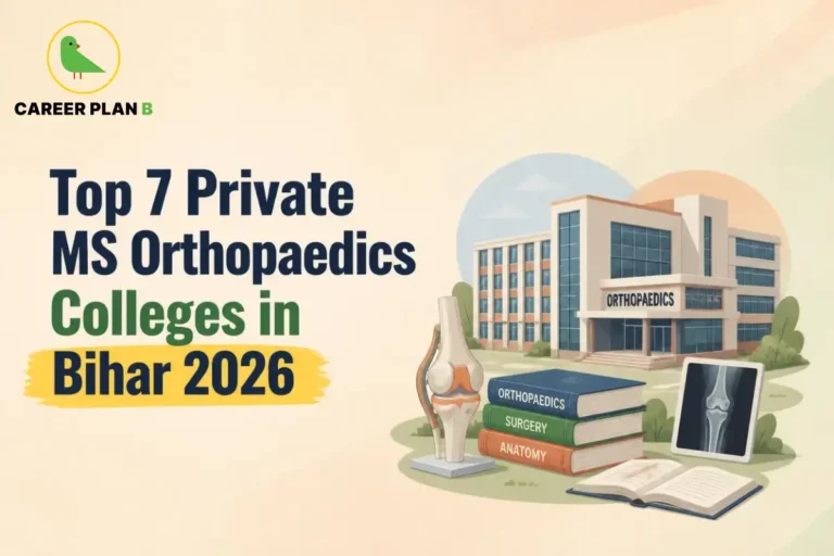 Educational infographic by Career Plan B titled "Top 7 Private MS Orthopaedics Colleges in Bihar 2026". Top-left features the Career Plan B logo with a green bird inside a solid gold circular emblem with text below. Right side illustrates an anatomical knee joint model, stacked textbooks labeled "ORTHOPAEDICS", "SURGERY", and "ANATOMY", an X-ray display screen, and an open book in front of a college building labeled "ORTHOPAEDICS".
