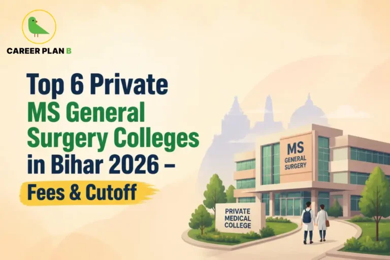 Educational infographic by Career Plan B titled "Top 6 Private MS General Surgery Colleges in Bihar 2026 – Fees & Cutoff". Top-left features the Career Plan B logo with a green bird inside a solid gold circular emblem with text below. Right side illustrates students walking toward a modern private medical college building labeled "MS GENERAL SURGERY" with an entrance sign reading "PRIVATE MEDICAL COLLEGE".