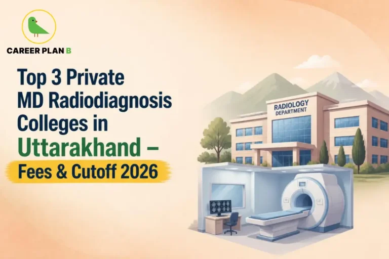 Educational infographic by Career Plan B titled "Top 3 Private MD Radiodiagnosis Colleges in Uttarakhand – Fees & Cutoff 2026". Top-left features the Career Plan B logo with a green bird inside a solid gold circular emblem with text below. Right side illustrates a hospital radiology department building labeled "RADIOLOGY DEPARTMENT" with an MRI machine and control station in the foreground.