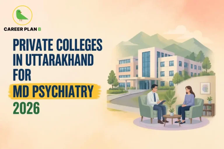 Educational infographic by Career Plan B titled "PRIVATE COLLEGES IN UTTARAKHAND FOR MD PSYCHIATRY 2026". Top-left features the Career Plan B logo with a green bird inside a solid gold circular emblem with text below. Right side illustrates a psychiatrist in a clinical consultation with a patient seated in armchairs in front of a medical college building.