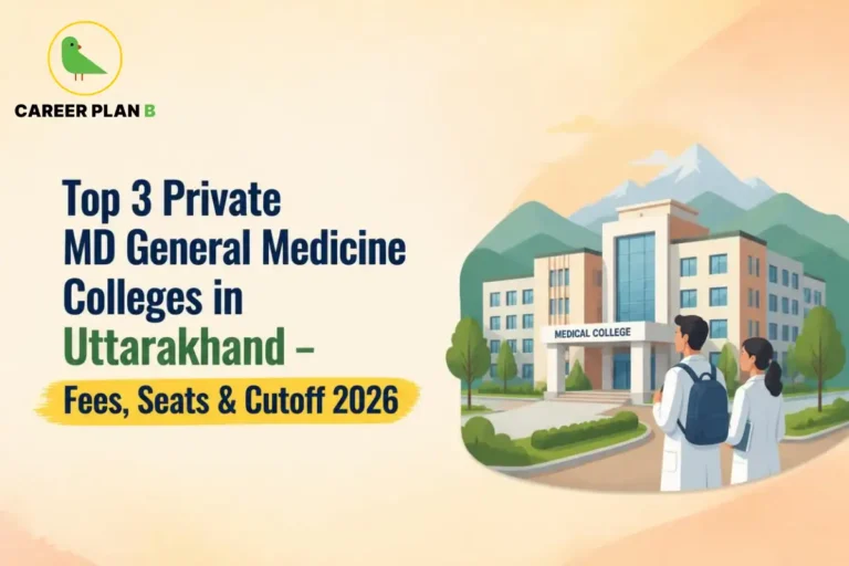 Educational infographic by Career Plan B titled "Top 3 Private MD General Medicine Colleges in Uttarakhand – Fees, Seats & Cutoff 2026". Top-left features the Career Plan B logo with a green bird inside a solid gold circular emblem with text below. Right side illustrates two medical students in white coats with backpacks looking at a medical college building labeled "MEDICAL COLLEGE" against a mountainous landscape.