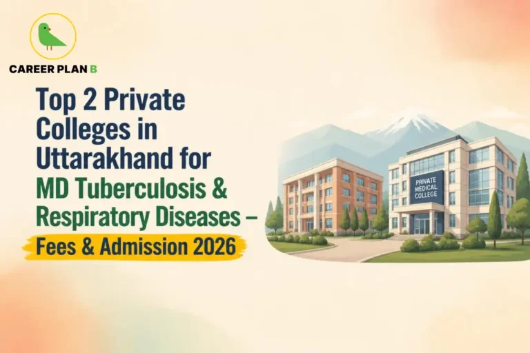 Educational infographic by Career Plan B titled "Top 2 Private Colleges in Uttarakhand for MD Tuberculosis & Respiratory Diseases – Fees & Admission 2026". Top-left features the Career Plan B logo with a green bird inside a solid gold circular emblem with text below. Right side illustrates modern campus buildings labeled "PRIVATE MEDICAL COLLEGE" against a scenic mountain backdrop.