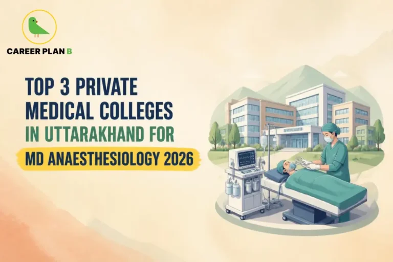 Educational infographic by Career Plan B titled "TOP 3 PRIVATE MEDICAL COLLEGES IN UTTARAKHAND FOR MD ANAESTHESIOLOGY 2026". Top-left features the Career Plan B logo with a green bird inside a solid gold circular emblem with text below. Right side illustrates an anesthesiologist administering anesthesia to a patient on an operating table in a hospital setup, with medical buildings and mountains in the background.