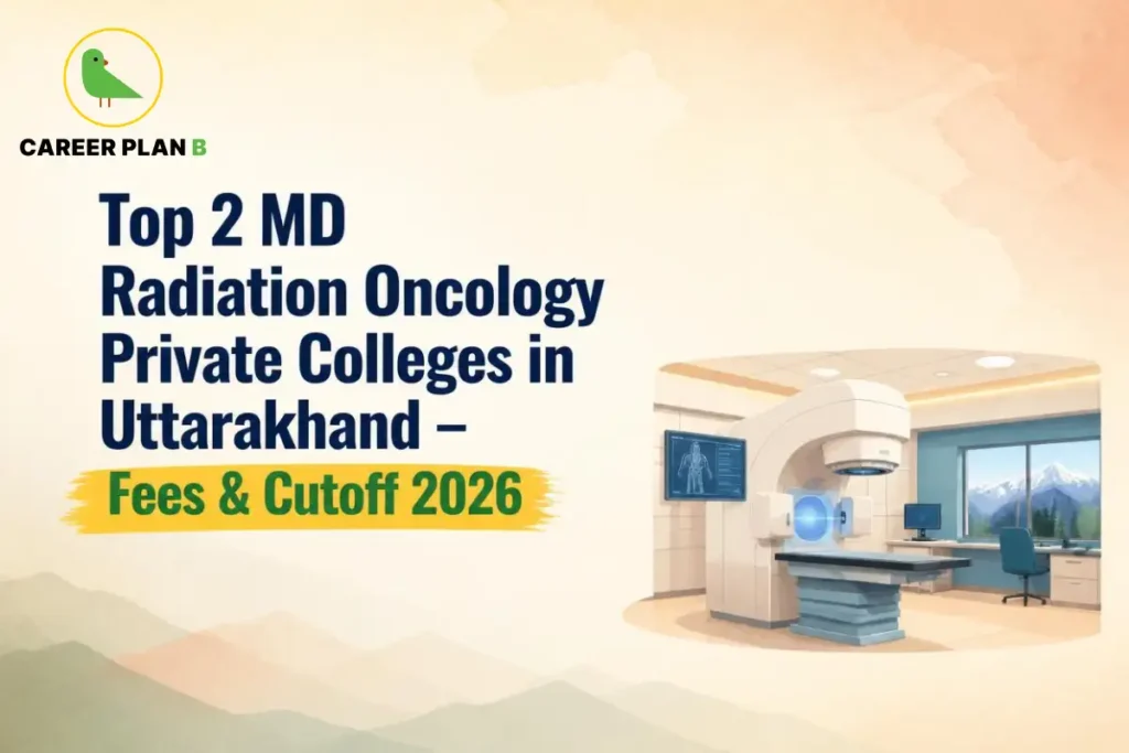 Educational infographic by Career Plan B titled "Top 2 MD Radiation Oncology Private Colleges in Uttarakhand – Fees & Cutoff 2026". Top-left features the Career Plan B logo with a green bird inside a solid gold circular emblem with text below. Right side illustrates a radiotherapy treatment room with a linear accelerator machine, a treatment couch, a display monitor, and a window view of mountains.